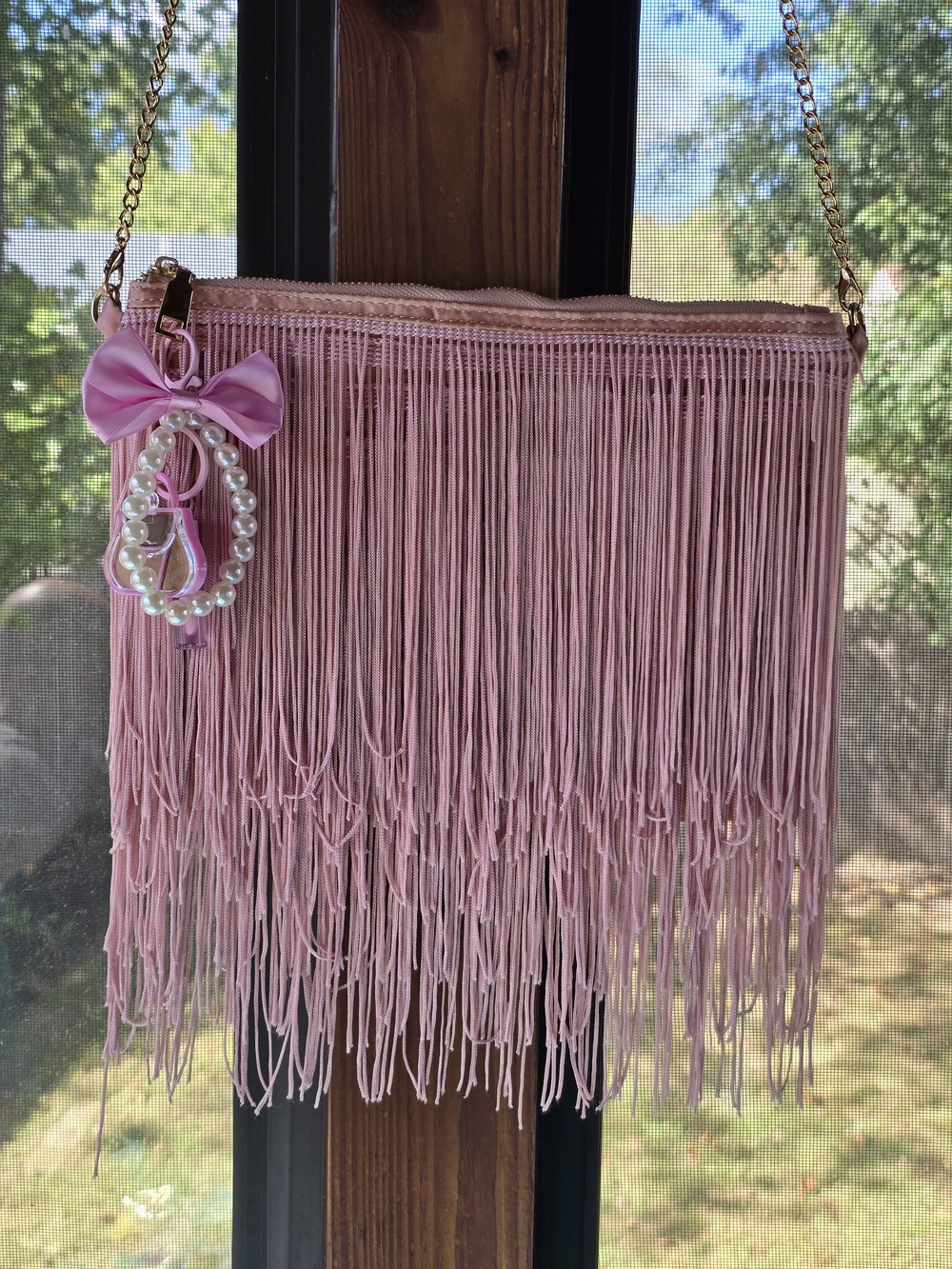Pink Fringe Convertible Crossbody to Wristket Purse with Pearl Bag Charm - Picture 2 of 11